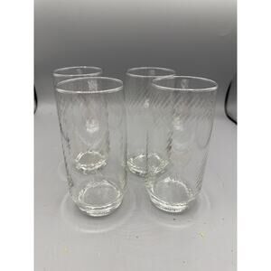 Set of 4 Clear Textured Swirl Glasses Tumblers ~6.5” Tall Vintage Style